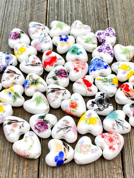 10 Ceramic Heart Shape Beads Porcelain Multicolor Flower Print Spacers Earrings Bracelet Slider Yoga Mala Necklace Bohemian Jewelry Findings
