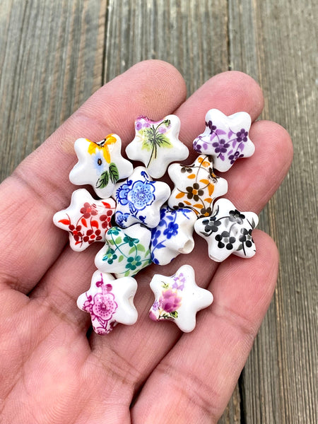10 Ceramic Star Shape Beads Porcelain Multicolor Flower Print Spacers Earrings Bracelet Sliders Yoga Mala Necklace Bohemian Jewelry Findings