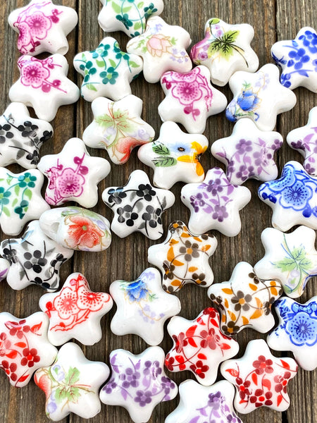 10 Ceramic Star Shape Beads Porcelain Multicolor Flower Print Spacers Earrings Bracelet Sliders Yoga Mala Necklace Bohemian Jewelry Findings