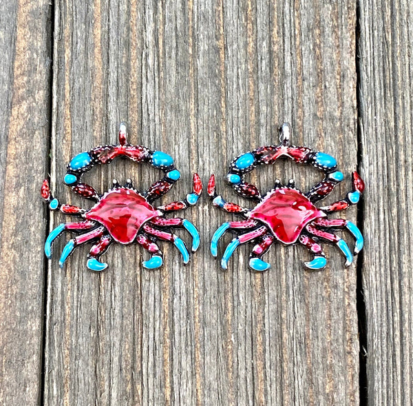 2 Red Crab Charms Red Enamel Crab Pendants Silver Crab Lover's Seafood Lover's Beach Lover's Earrings Bracelets Anklets Yoga Mala Necklace