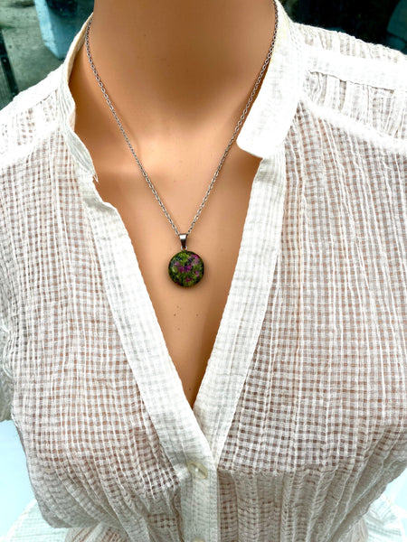 An Eye catching Epidote stone round shape Pendant Necklace with High Quality No Fade No Tarnish No Rust Hypoallergenic Stainless Steel chain