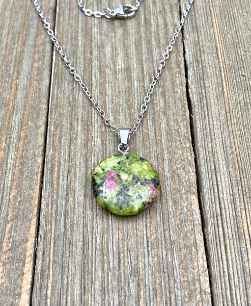 An Eye catching Epidote stone round shape Pendant Necklace with High Quality No Fade No Tarnish No Rust Hypoallergenic Stainless Steel chain