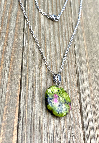 An Eye catching Epidote stone round shape Pendant Necklace with High Quality No Fade No Tarnish No Rust Hypoallergenic Stainless Steel chain